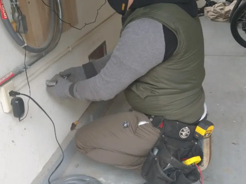 Electrician performing outlet wiring in a Beacon garage